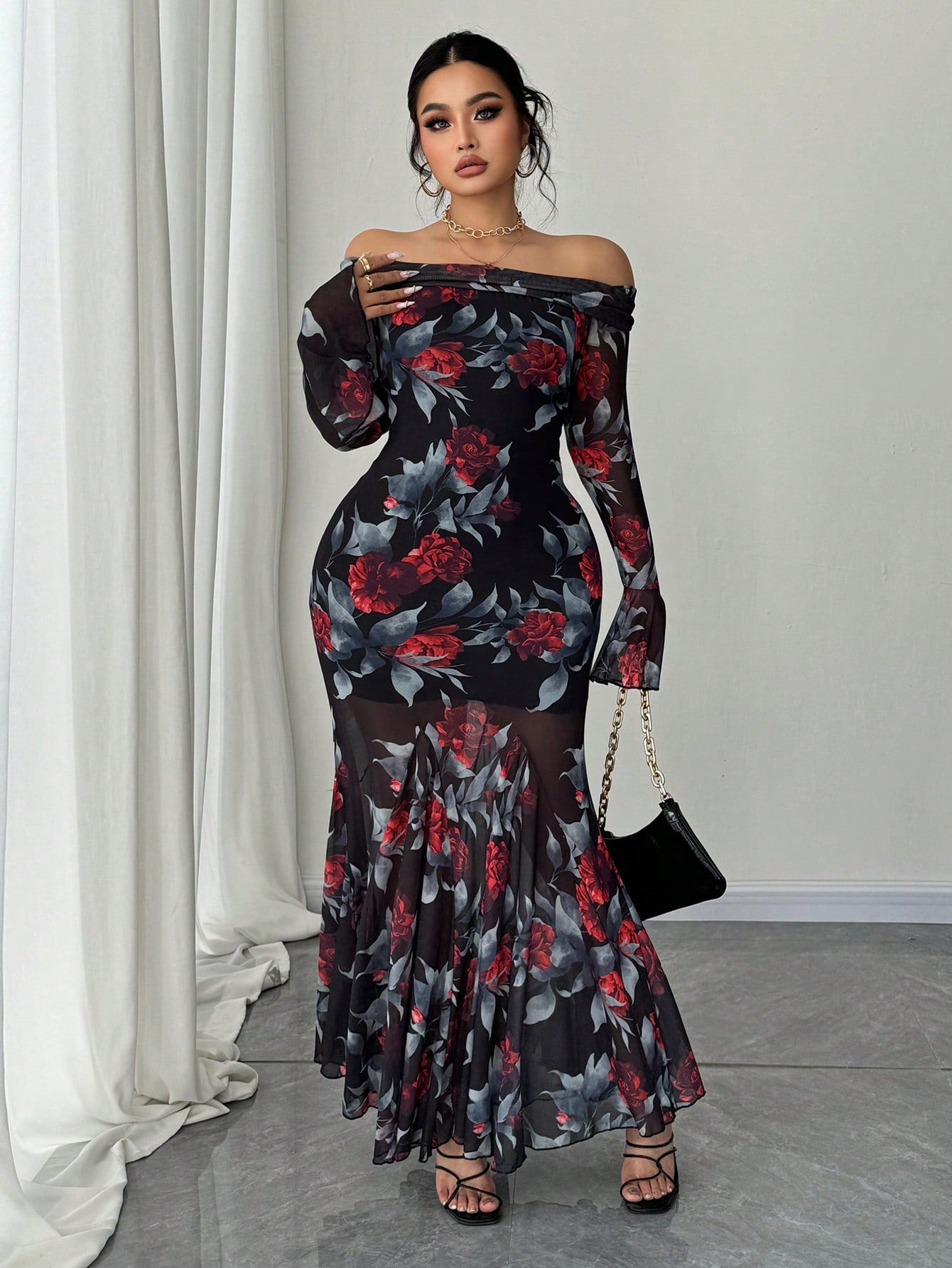 MOD Plus Size French Retro Rose Print Off Shoulder Bodycon Fishtail Dress Maxi Women Outfit