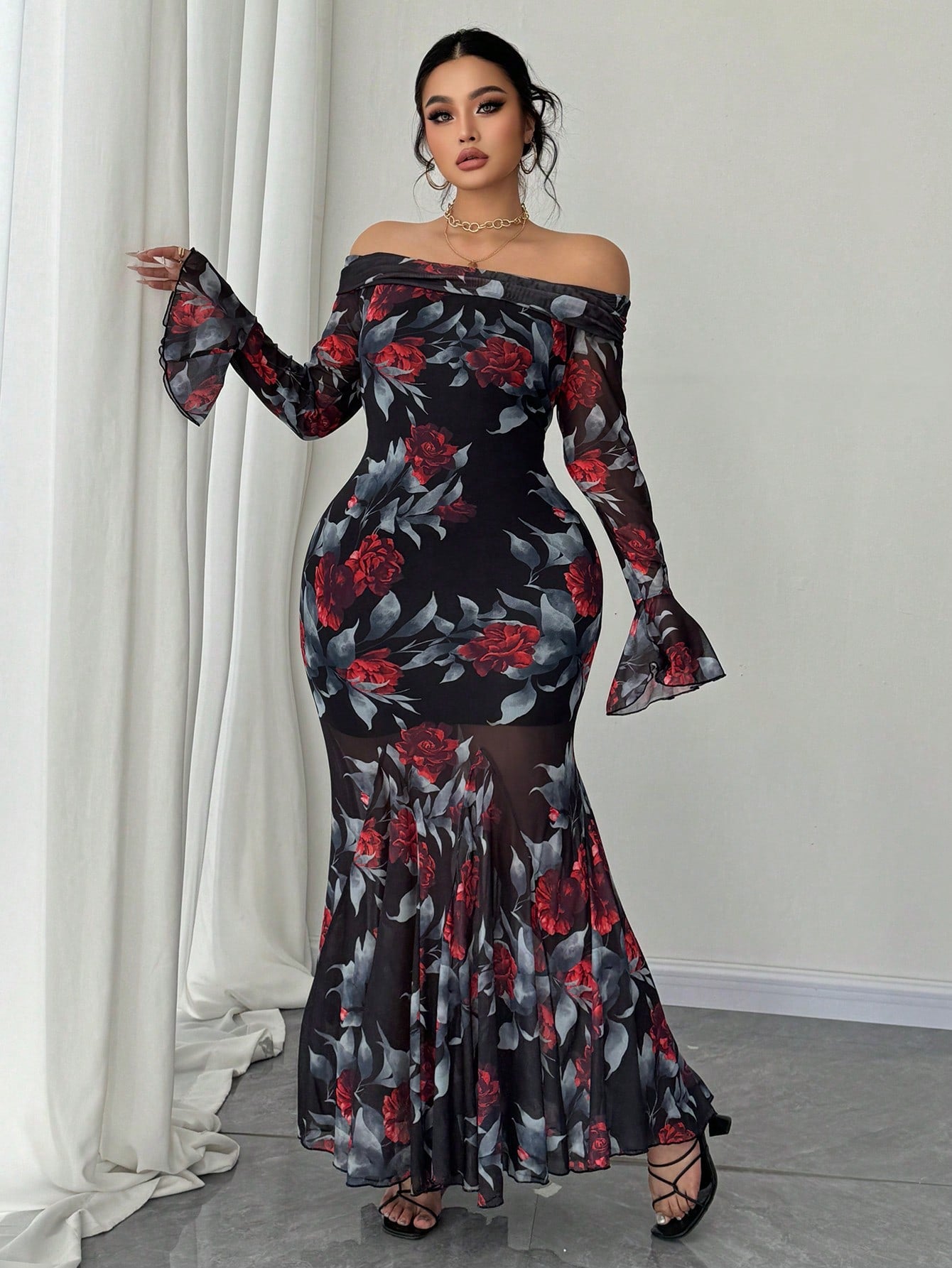 MOD Plus Size French Retro Rose Print Off Shoulder Bodycon Fishtail Dress Maxi Women Outfit