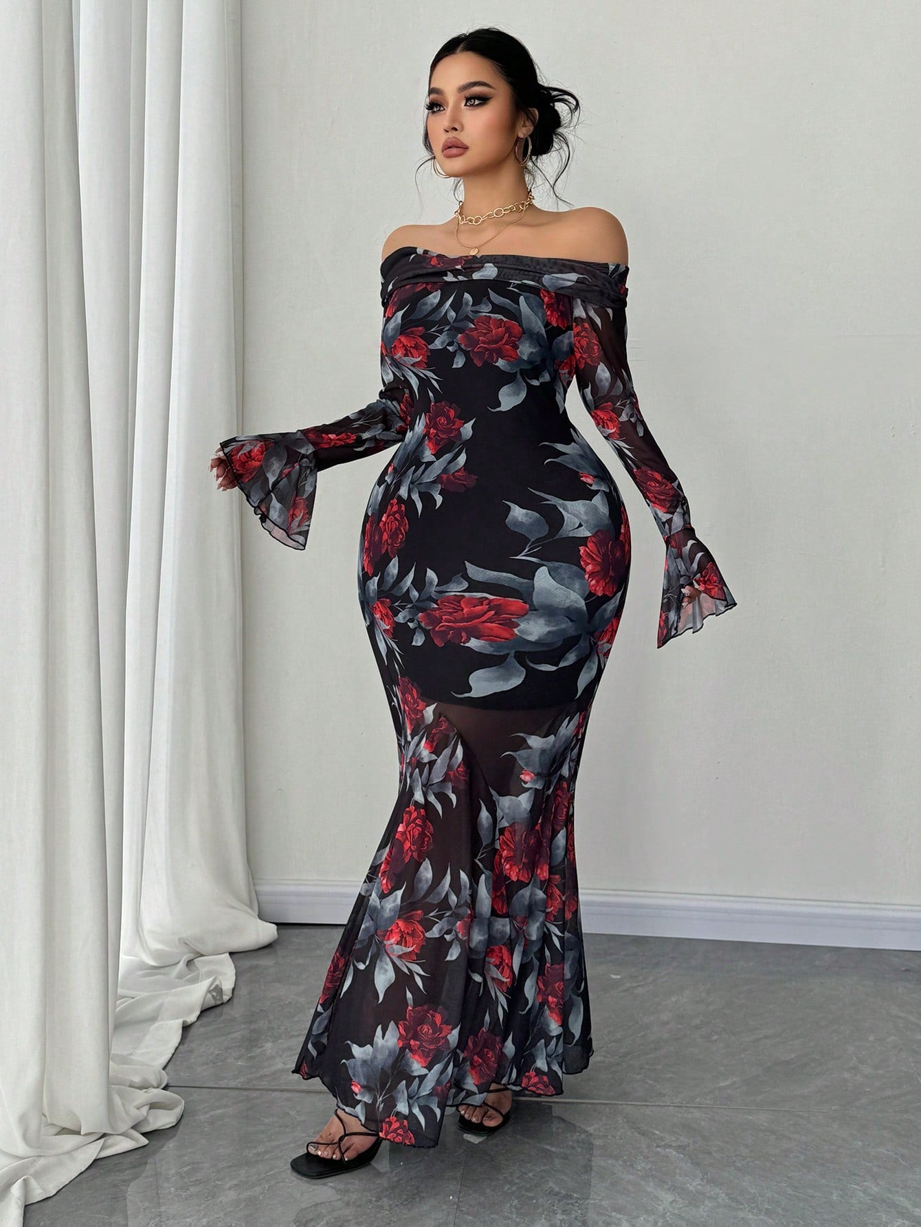 MOD Plus Size French Retro Rose Print Off Shoulder Bodycon Fishtail Dress Maxi Women Outfit