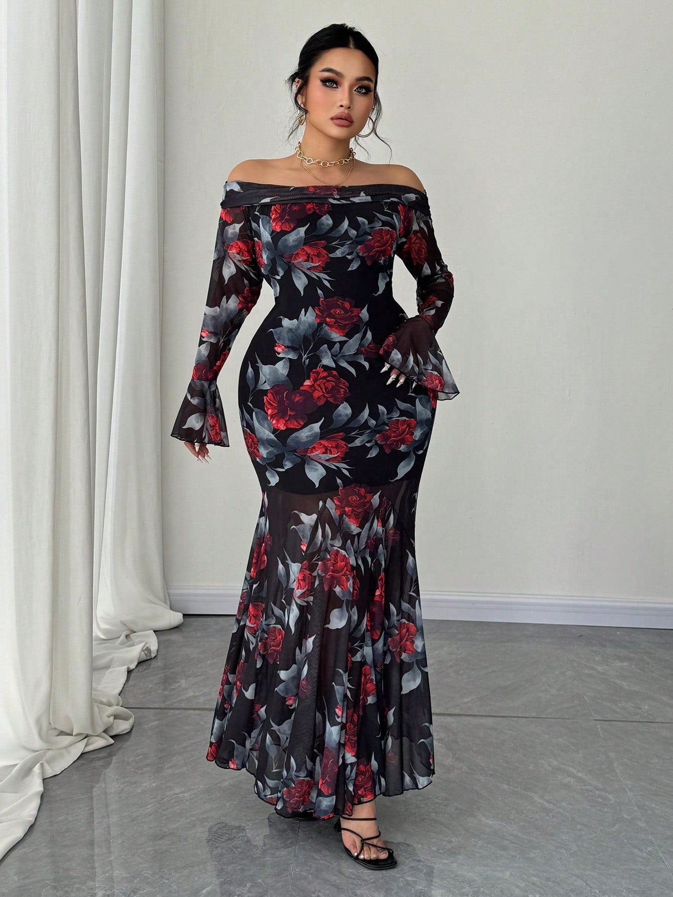 MOD Plus Size French Retro Rose Print Off Shoulder Bodycon Fishtail Dress Maxi Women Outfit