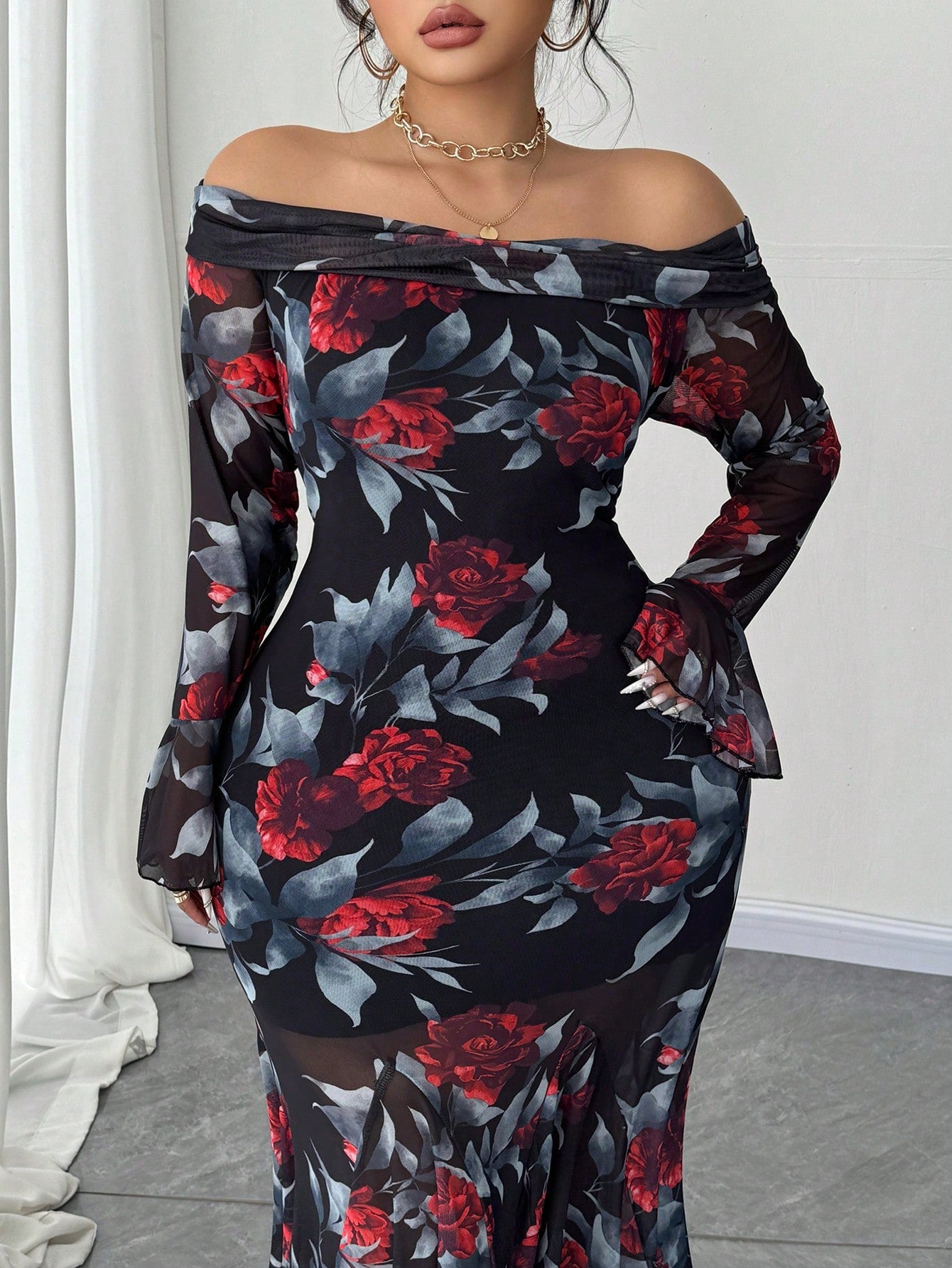 MOD Plus Size French Retro Rose Print Off Shoulder Bodycon Fishtail Dress Maxi Women Outfit