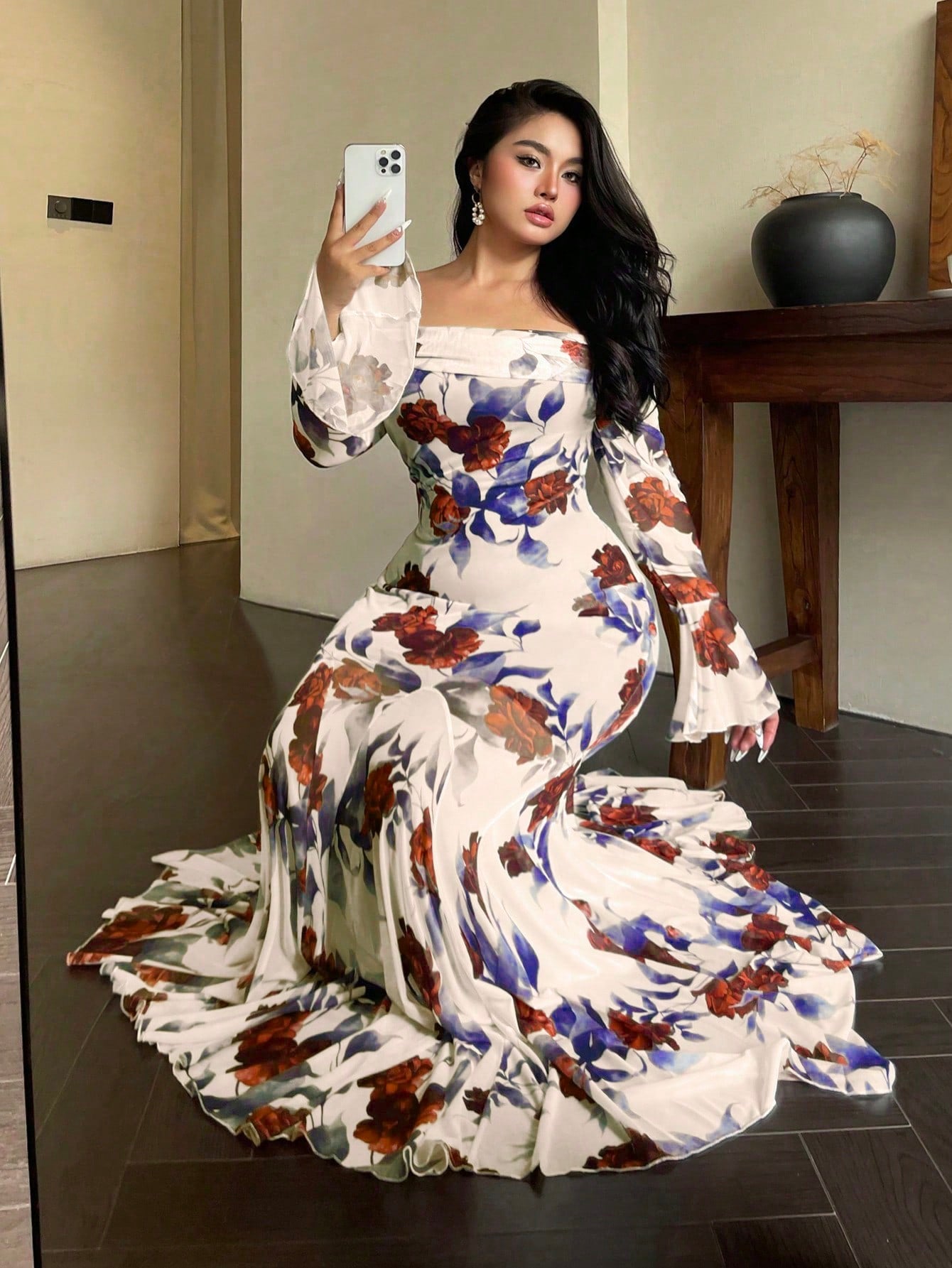 MOD Plus Size French Retro Rose Print Off Shoulder Bodycon Fishtail Dress Maxi Women Outfit