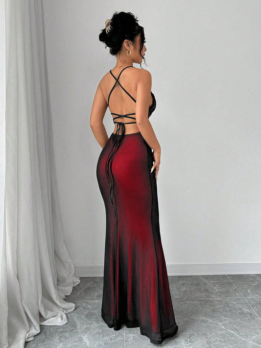 V-Neck Contrast Lace Backless Criss-Cross Strap Fishnet Mermaid Hem Bodycon Slip Maxi Dresses