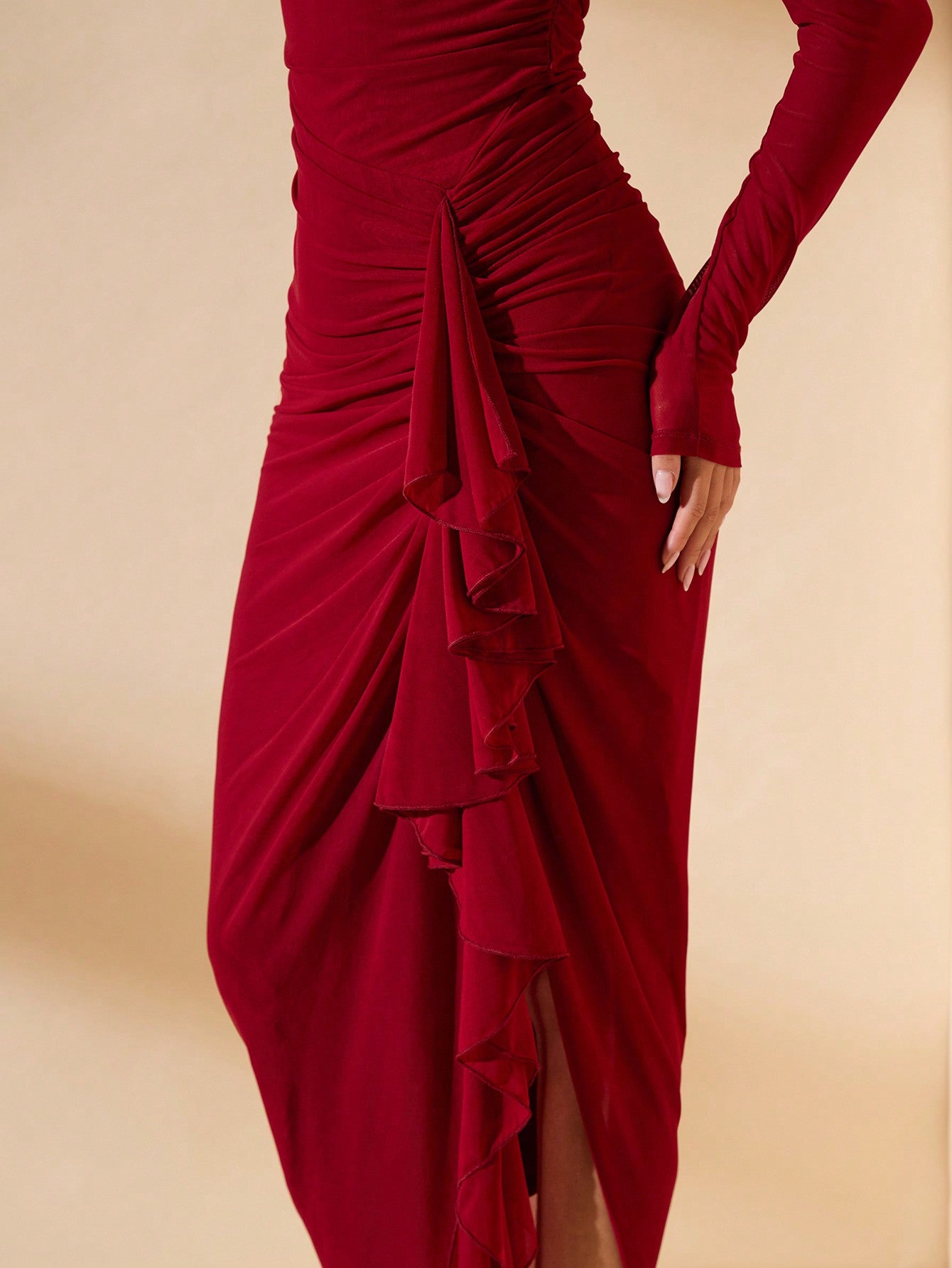 Sexy Asymmetrical Neck Long Sleeve High Split Ruffle Hem