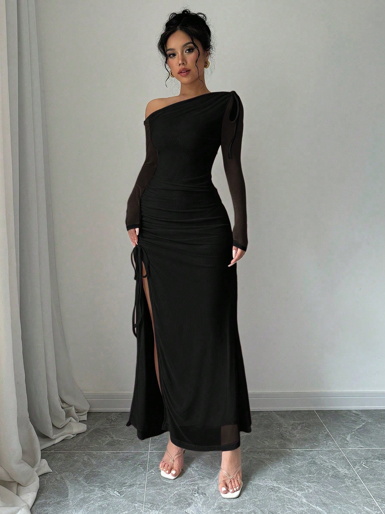 Classy One Shoulder Asymmetrical Neck, Long Sleeve Tie-Up Red Maxi Dress