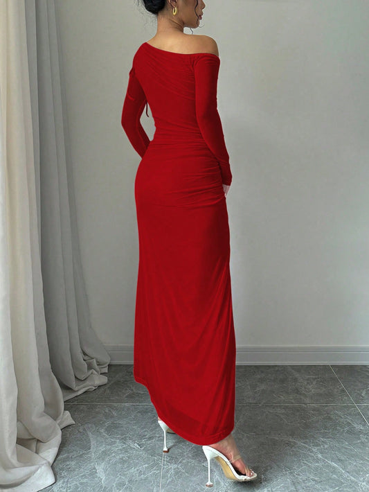 Classy One Shoulder Asymmetrical Neck, Long Sleeve Tie-Up Red Maxi Dress