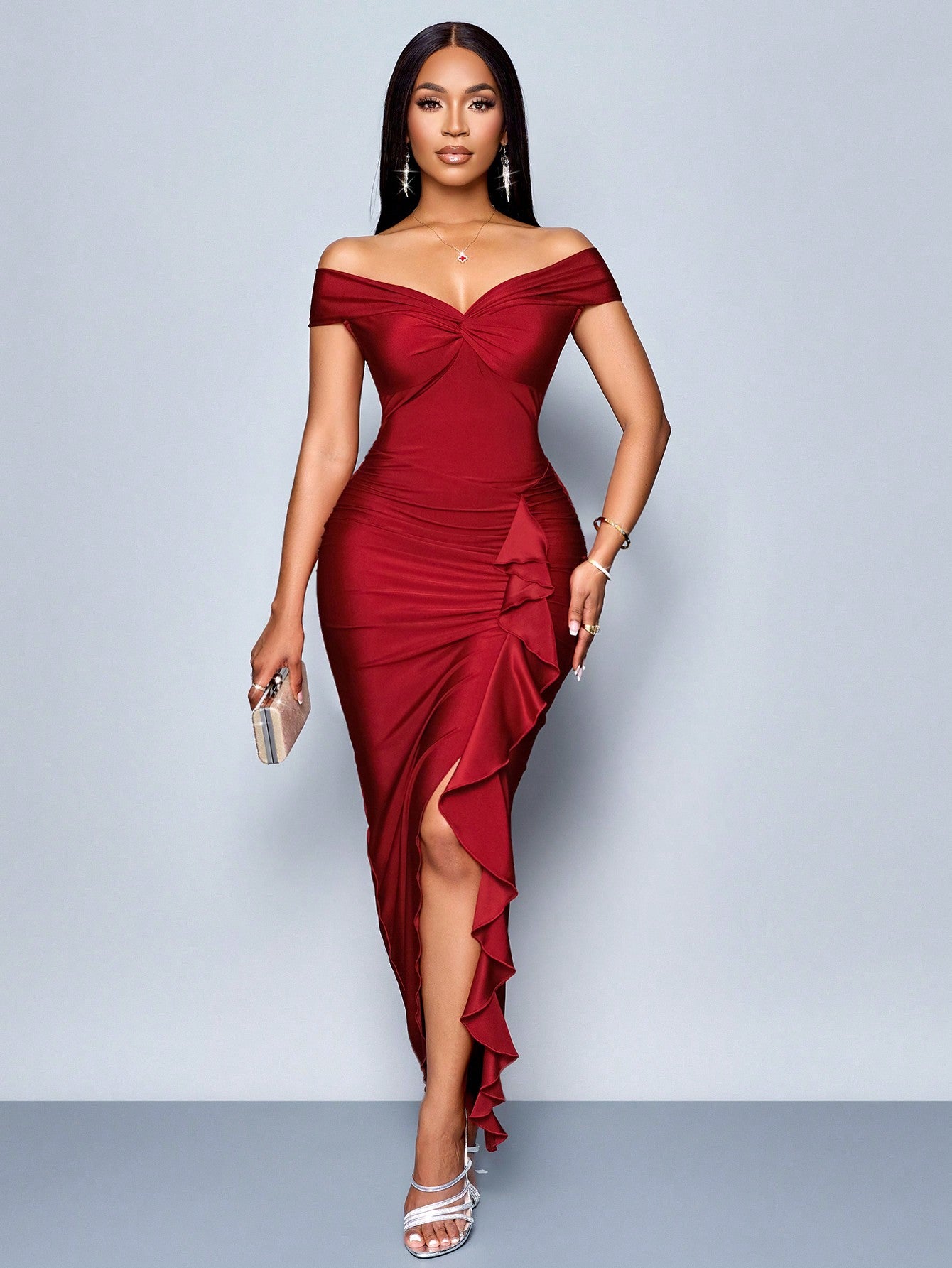 SOLERSUN Summer Autumn Women's Clothing Party Burgundy Off-Shoulder Short Sleeves Center Front Chest Knot Side Smocking Front Slits Ruffle Trim Dress