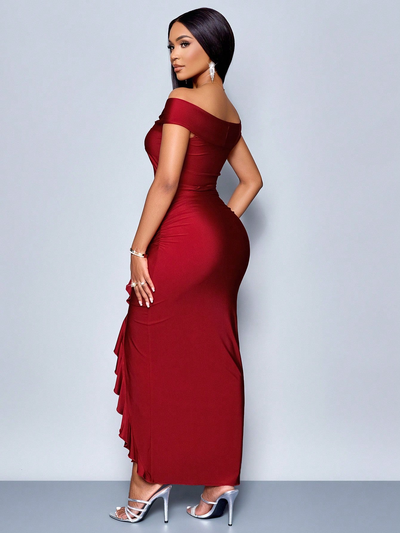 SOLERSUN Summer Autumn Women's Clothing Party Burgundy Off-Shoulder Short Sleeves Center Front Chest Knot Side Smocking Front Slits Ruffle Trim Dress