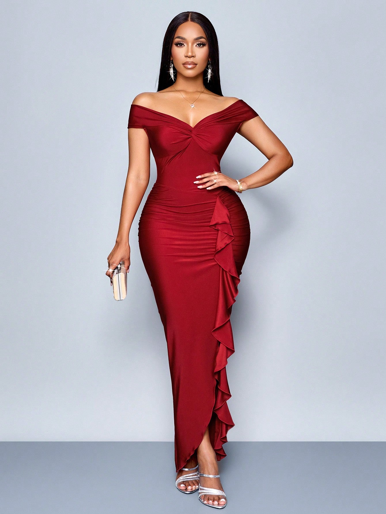 SOLERSUN Summer Autumn Women's Clothing Party Burgundy Off-Shoulder Short Sleeves Center Front Chest Knot Side Smocking Front Slits Ruffle Trim Dress