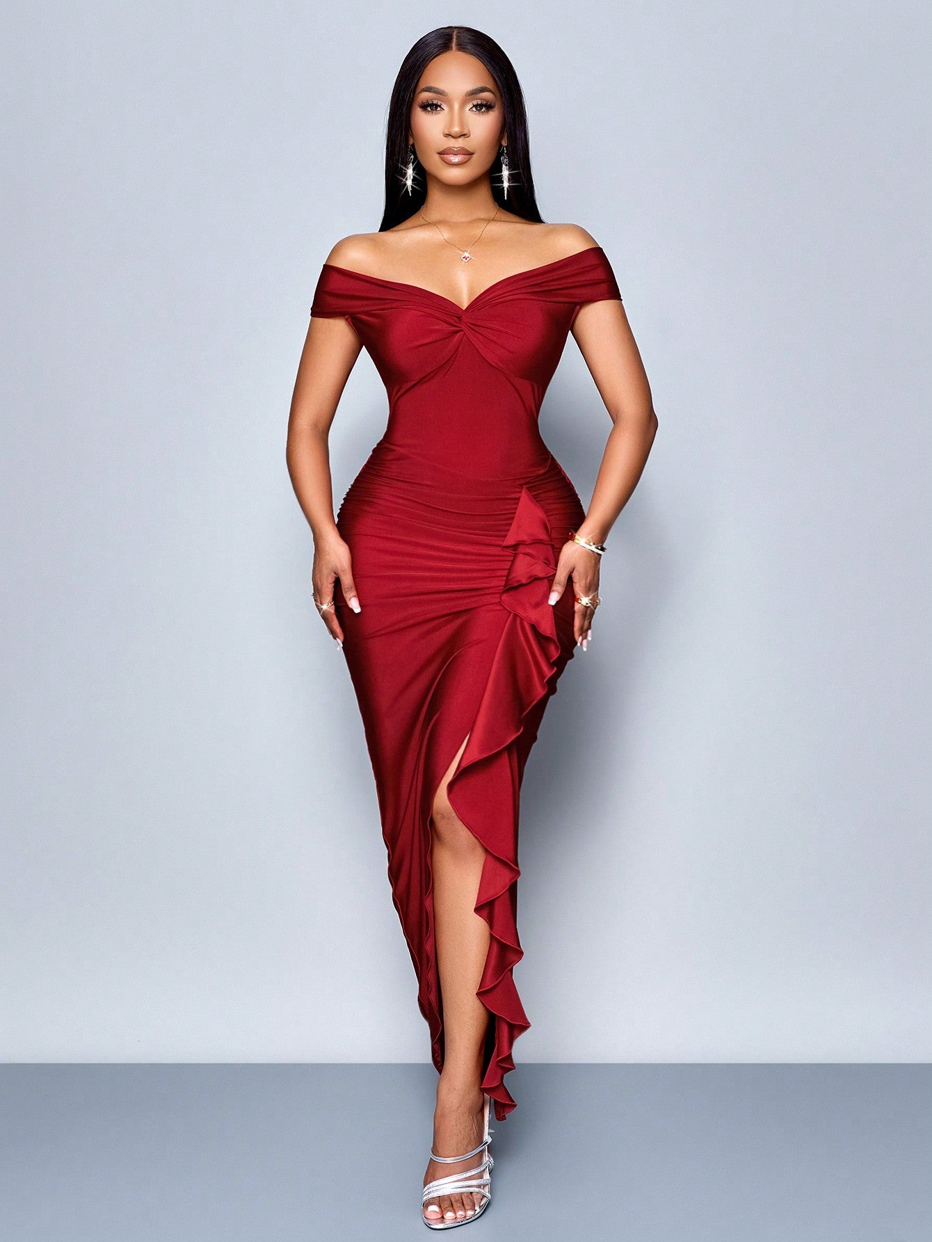 SOLERSUN Summer Autumn Women's Clothing Party Burgundy Off-Shoulder Short Sleeves Center Front Chest Knot Side Smocking Front Slits Ruffle Trim Dress