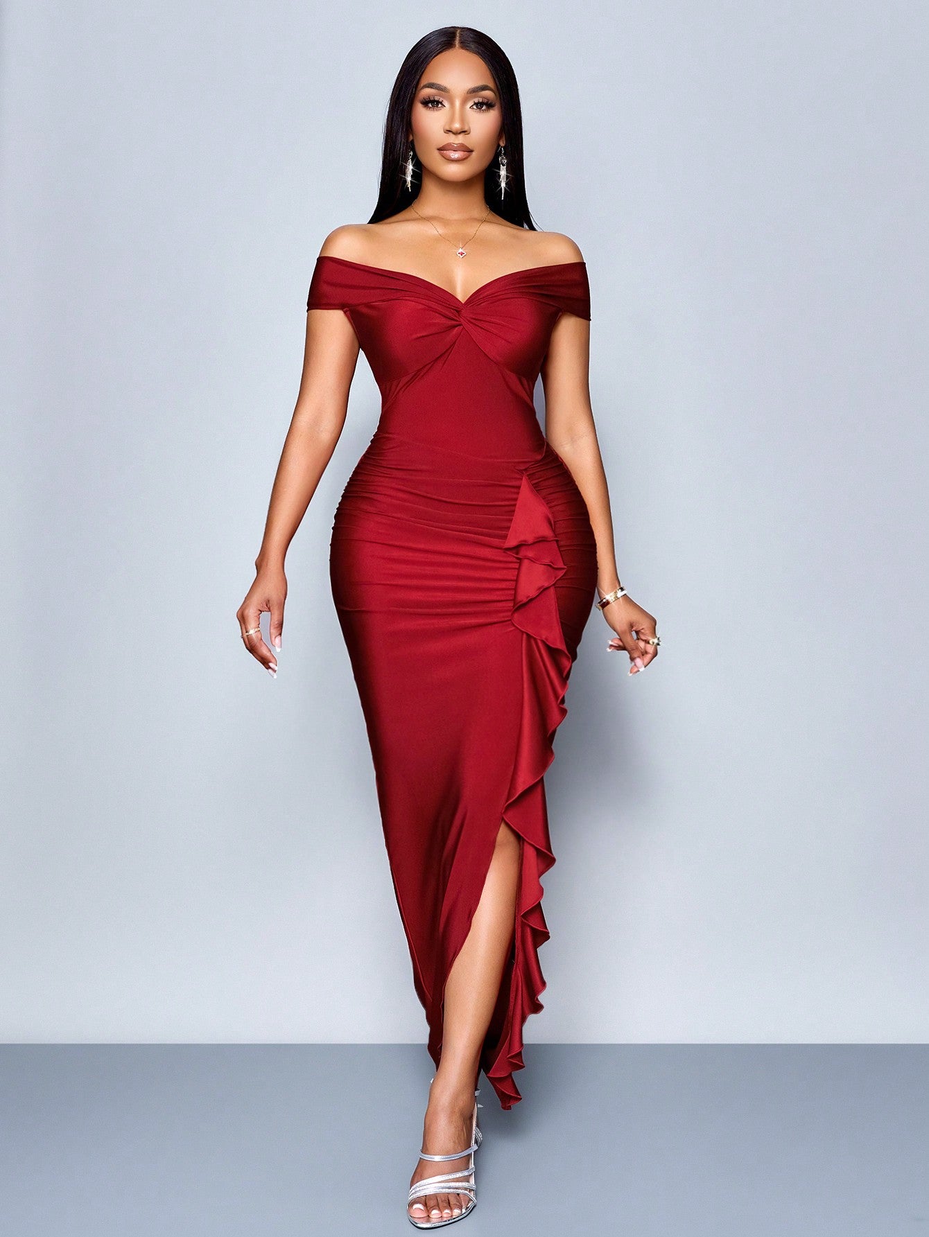 SOLERSUN Summer Autumn Women's Clothing Party Burgundy Off-Shoulder Short Sleeves Center Front Chest Knot Side Smocking Front Slits Ruffle Trim Dress