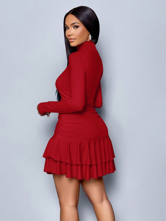 Elegant High Neck Long Sleeve Knitted Double Ruffled Mini Party Dress
