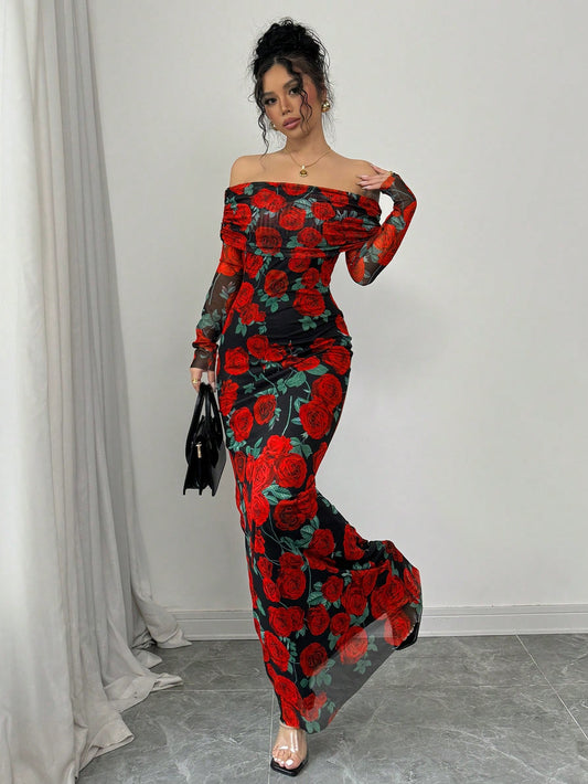 Elegant Rose Print Open Shoulder, Long Maxi Dresses