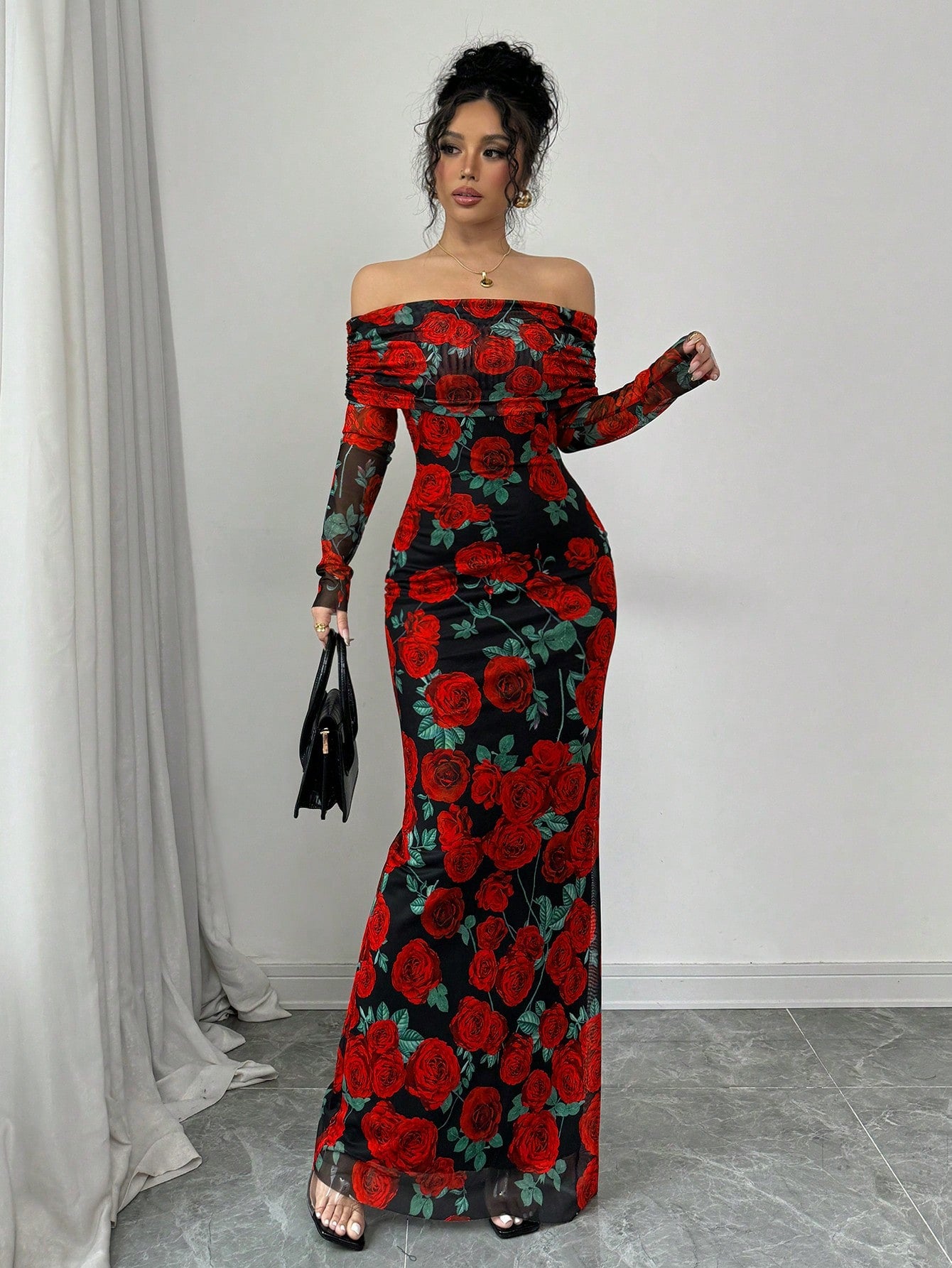 Elegant Rose Print Open Shoulder, Long Maxi Dresses