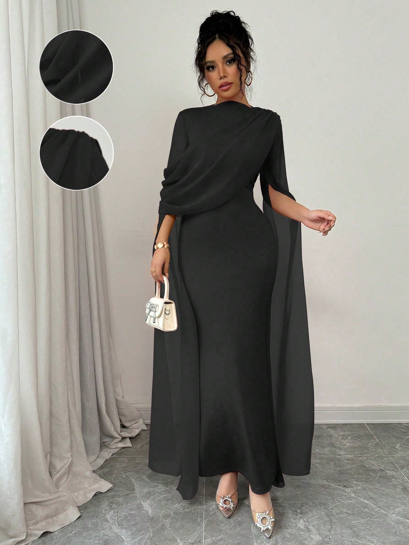 Extremely Elegant Tight Oblique Shoulder Pleated Sheer Flowy Split Sleeve Evening Dress