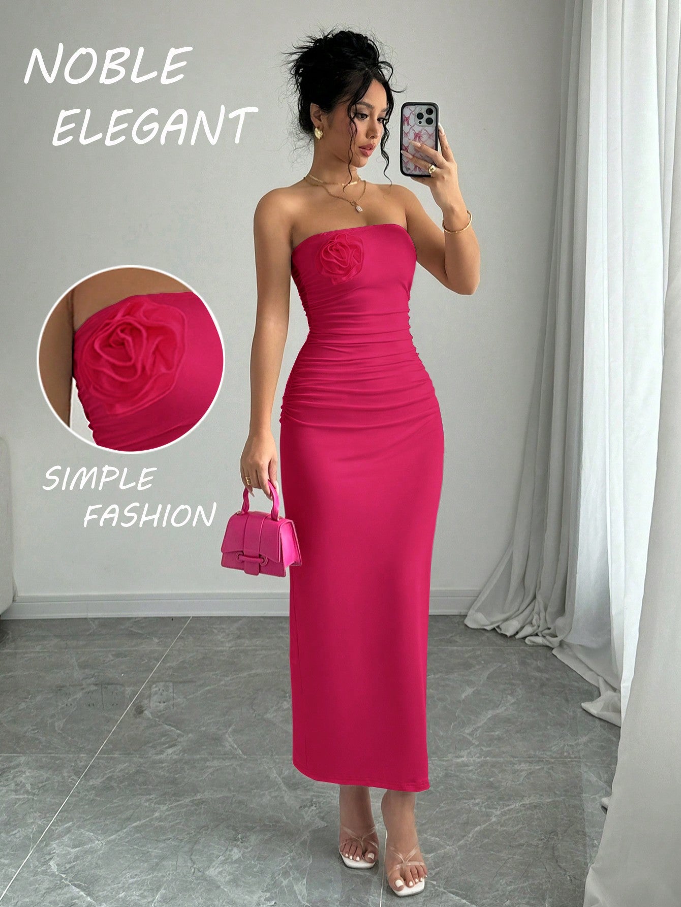 Elegant Strapless Ruched 3D Floral Fitted Slit Tube Maxi Dress