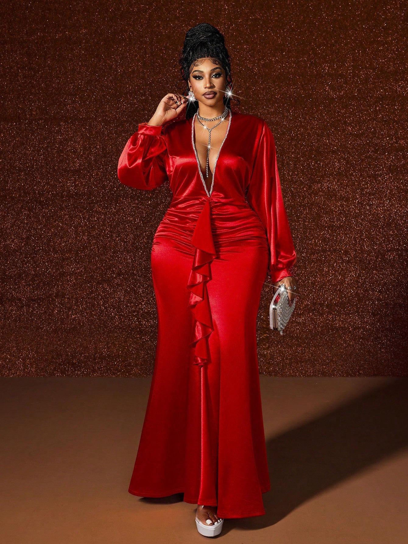Plus Size Sexy Elegant Party Red Dress With Rhinestone Chain Deep V-Ne Extremely Beautiful LLC Plus Size Sexy Elegant Party Red Dress With Rhinestone Chain Deep V-Ne Extremely Beautiful LLC