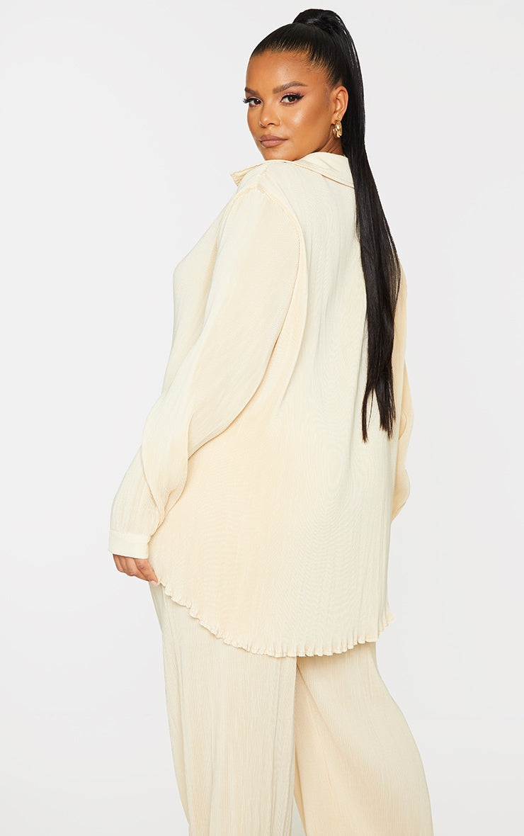 Plus Chocolate Plisse Button Front Oversized Shirt
