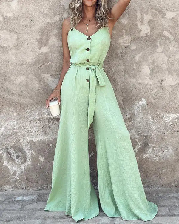 Buttoned Sleeveless Tied Detail Jumpsuit