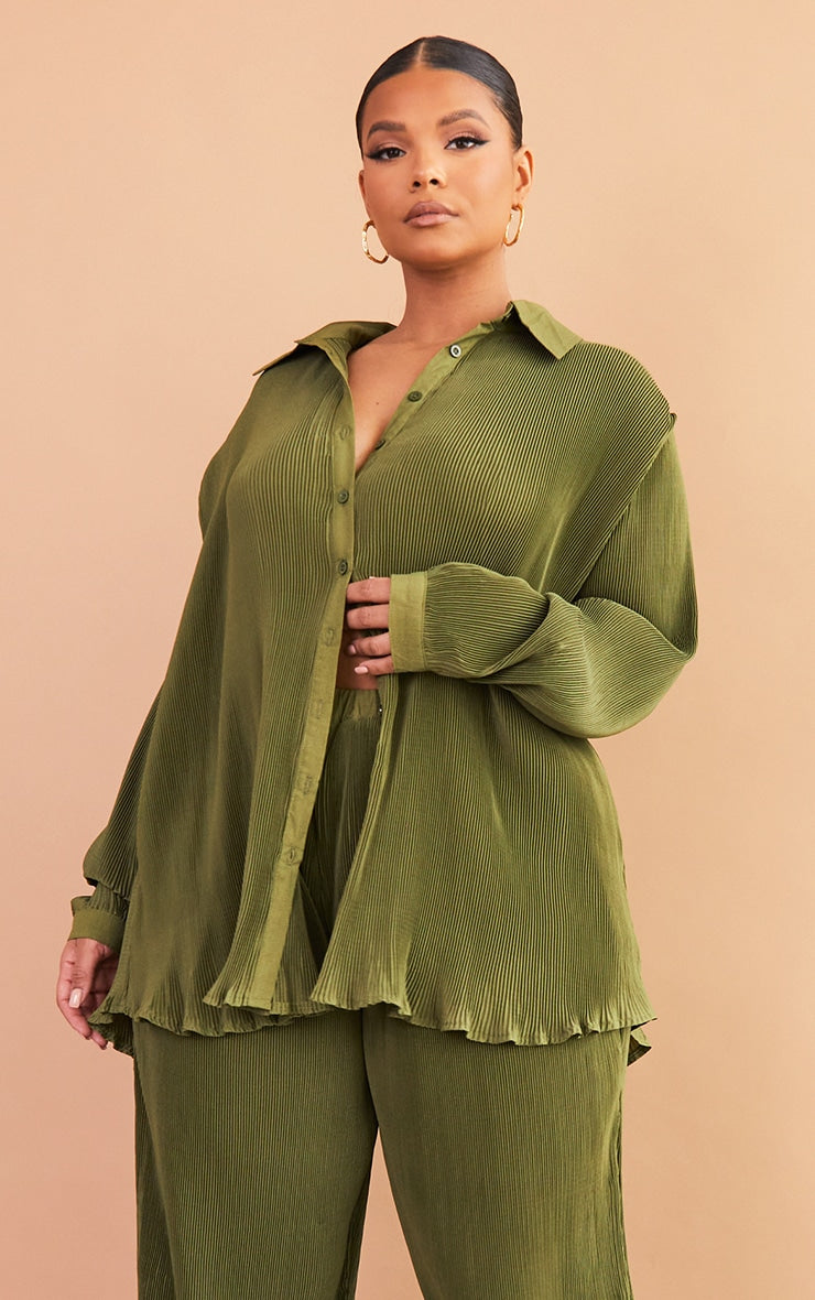 Plus Chocolate Plisse Button Front Oversized Shirt