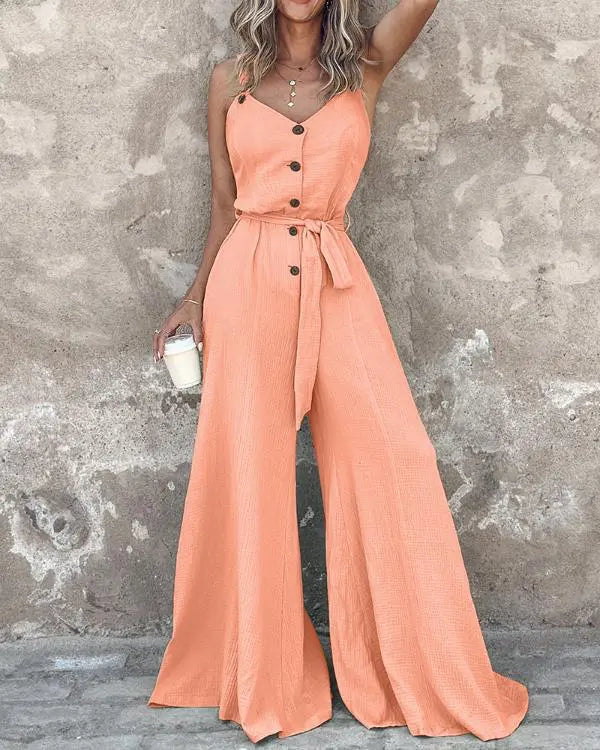 Buttoned Sleeveless Tied Detail Jumpsuit