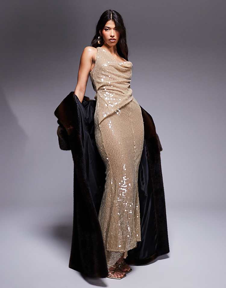 gold sequin asymmetrical dress CHOSMO Elegant Gold Sequin Asymmetric Neckline Long Evening Dress With Short Sleeves And Slit Wedding Party