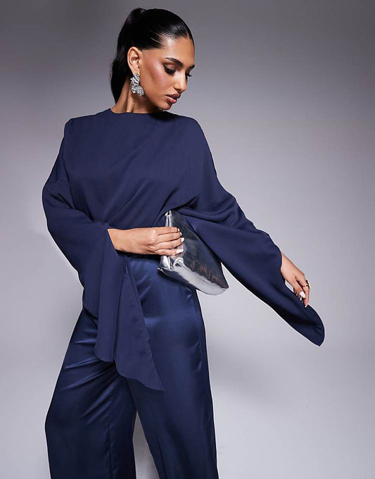 Chiffon Satin Mix Wide Leg Jumpsuit with Exaggerated Sleeves in Steel Blue