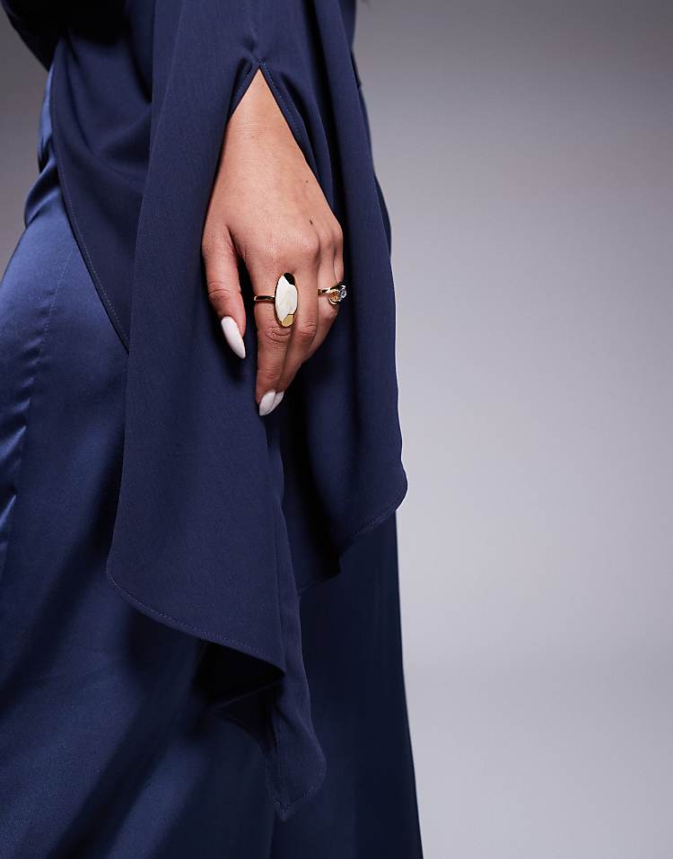 Chiffon Satin Mix Wide Leg Jumpsuit with Exaggerated Sleeves in Steel Blue