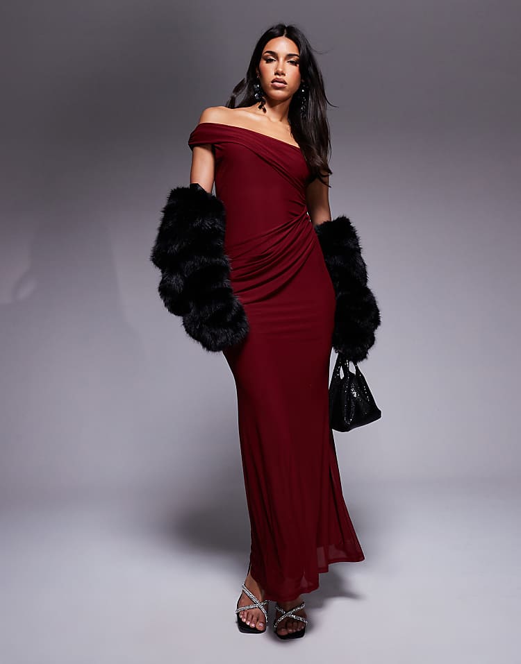 Mesh Twist One Shoulder Maxi Dress with Hitched Skirt detail in Burgundy