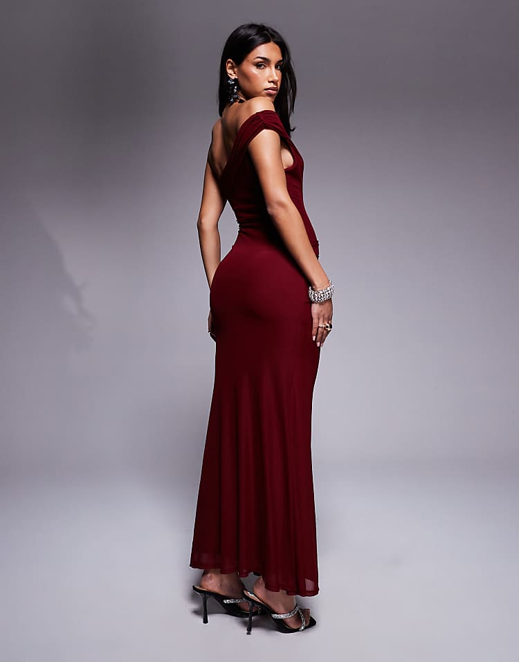 Mesh Twist One Shoulder Maxi Dress with Hitched Skirt detail in Burgundy