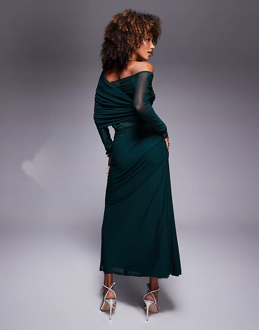 Long Sleeve Slouchy Bardot Mesh Mix Maxi Dress in Khaki