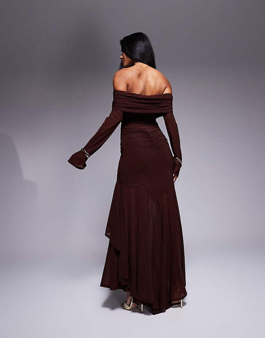 Stretch Chiffon Long Sleeve Bardot Maxi Dress with Ruffle Hem in Chocolate