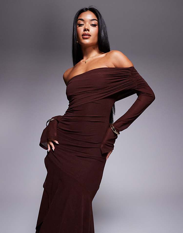 Stretch Chiffon Long Sleeve Bardot Maxi Dress with Ruffle Hem in Chocolate