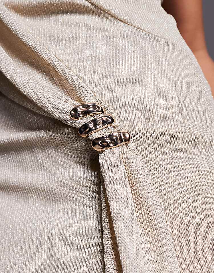 Asymmetric Cowl Neck Chainmail Maxi Dress with Full Hem in Gold