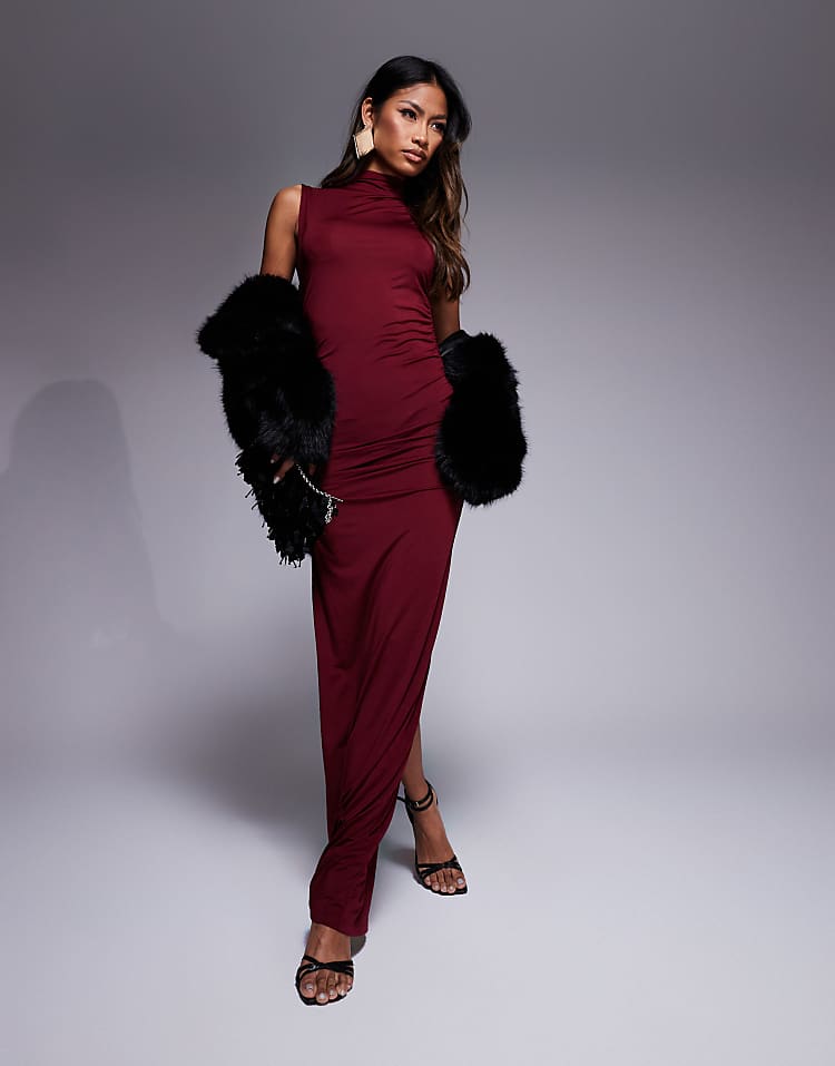 Gathered Detail High Neck Maxi Dress in Burgundy