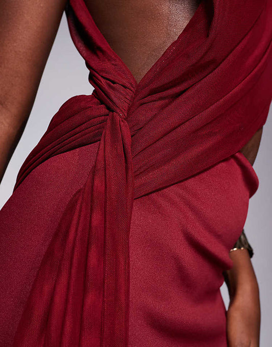 High Neck Scuba Maxi Dress with Draped Mesh Side Train detailed in Burgundy