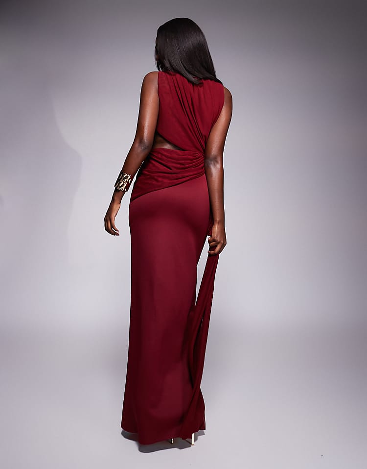 High Neck Scuba Maxi Dress with Draped Mesh Side Train detailed in Burgundy