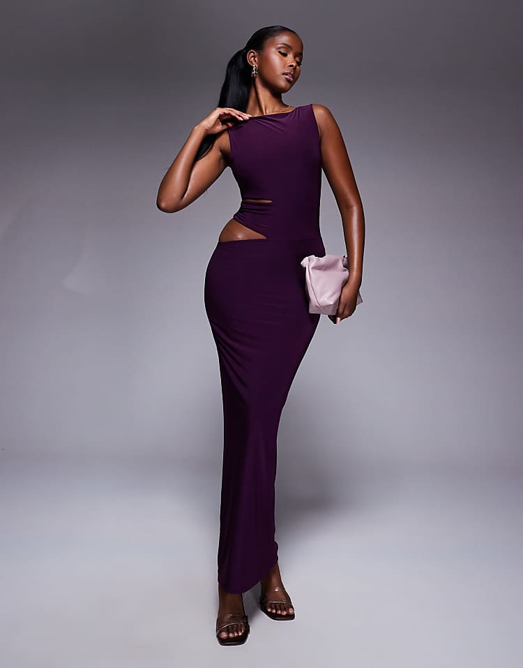 Ms Empire Double Sculpted Slinky Side Cut Out Maxi Dress in Purple
