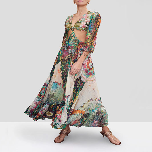 Maxi Dress Slimming Tall Women Printed Chest Front Garden Buckle Printing Dress