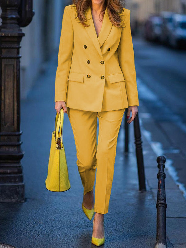 Long Sleeves Loose Buttoned Notched Collar Outerwear Top Pants Bottom Two Pieces Set