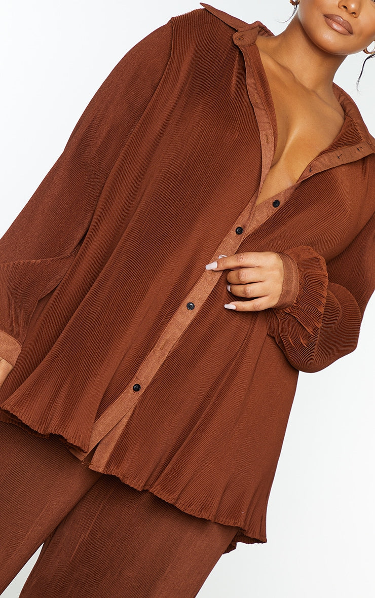 Plus Chocolate Plisse Button Front Oversized Shirt