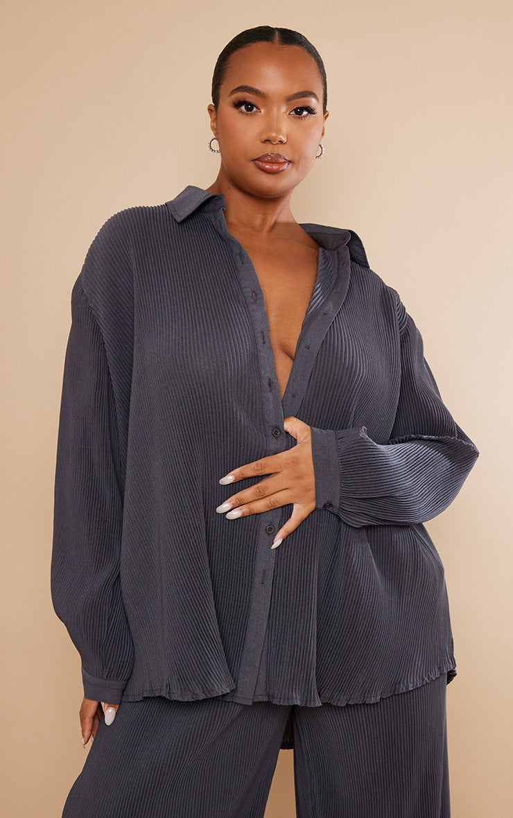 Plus Chocolate Plisse Button Front Oversized Shirt