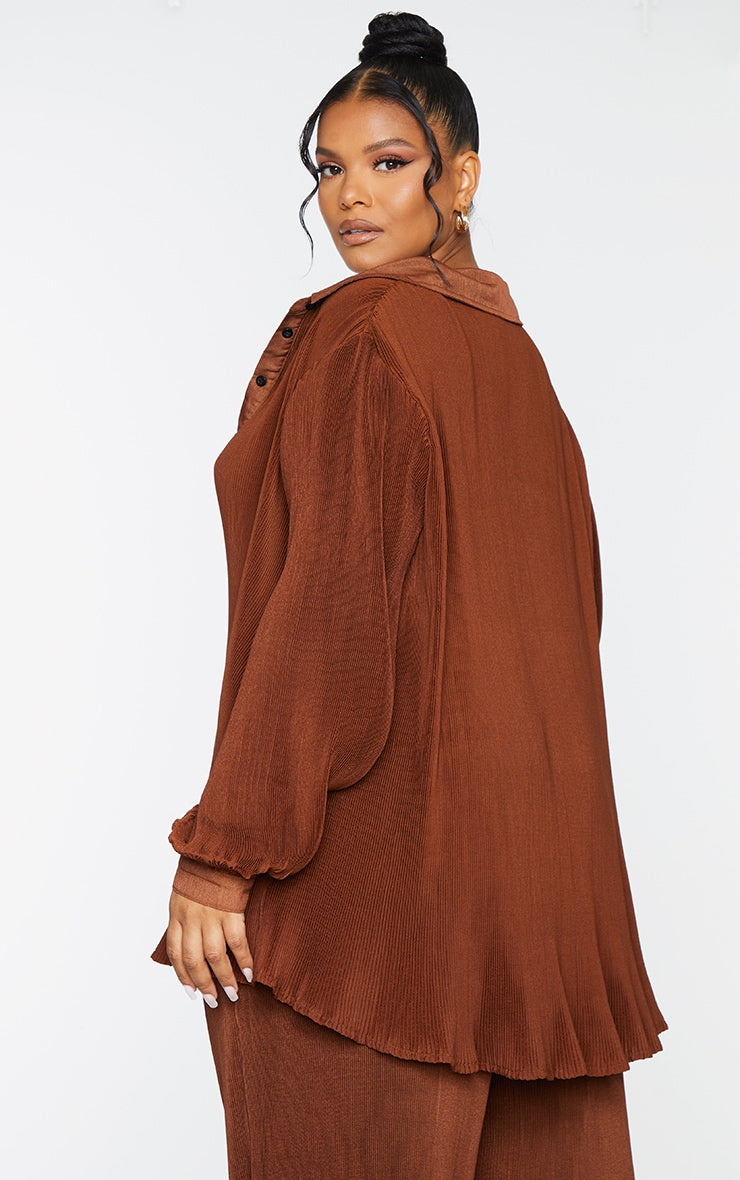 Plus Chocolate Plisse Button Front Oversized Shirt