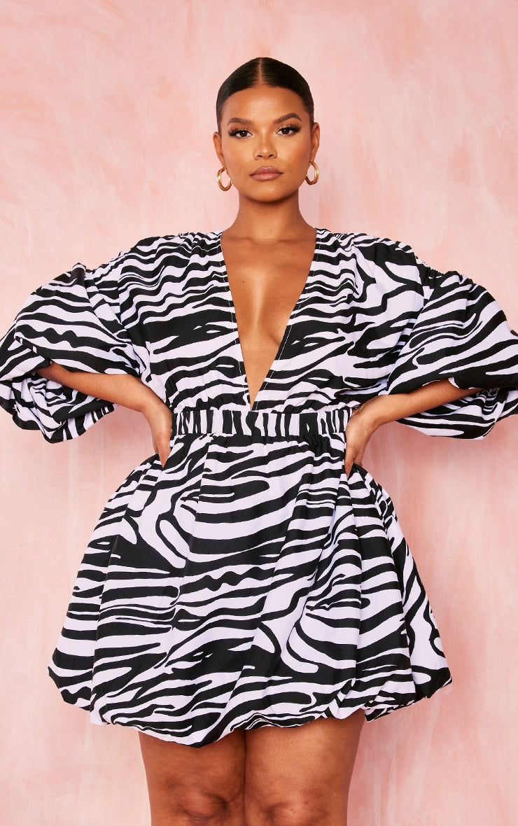 Plus Black Puff Sleeve Puffball Hem Dress