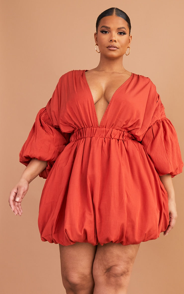 Plus Black Puff Sleeve Puffball Hem Dress