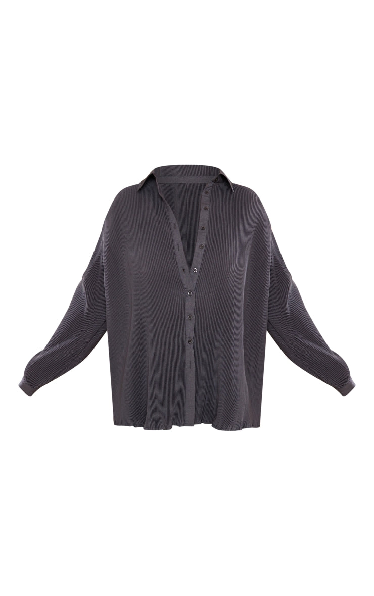 Plus Chocolate Plisse Button Front Oversized Shirt