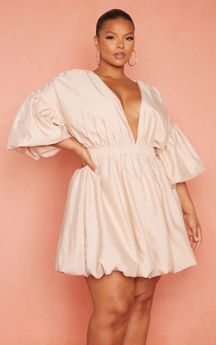 Plus Black Puff Sleeve Puffball Hem Dress