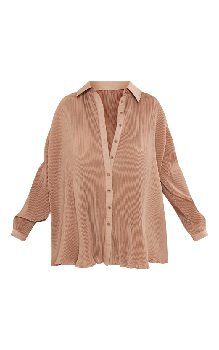 Plus Chocolate Plisse Button Front Oversized Shirt