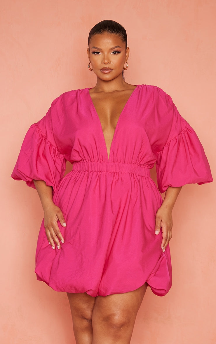 Plus Black Puff Sleeve Puffball Hem Dress