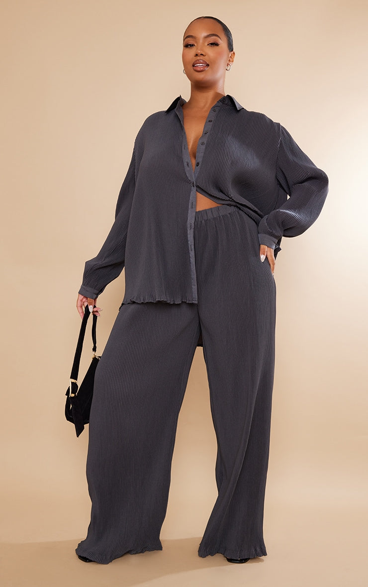 Plus Chocolate Plisse Button Front Oversized Shirt